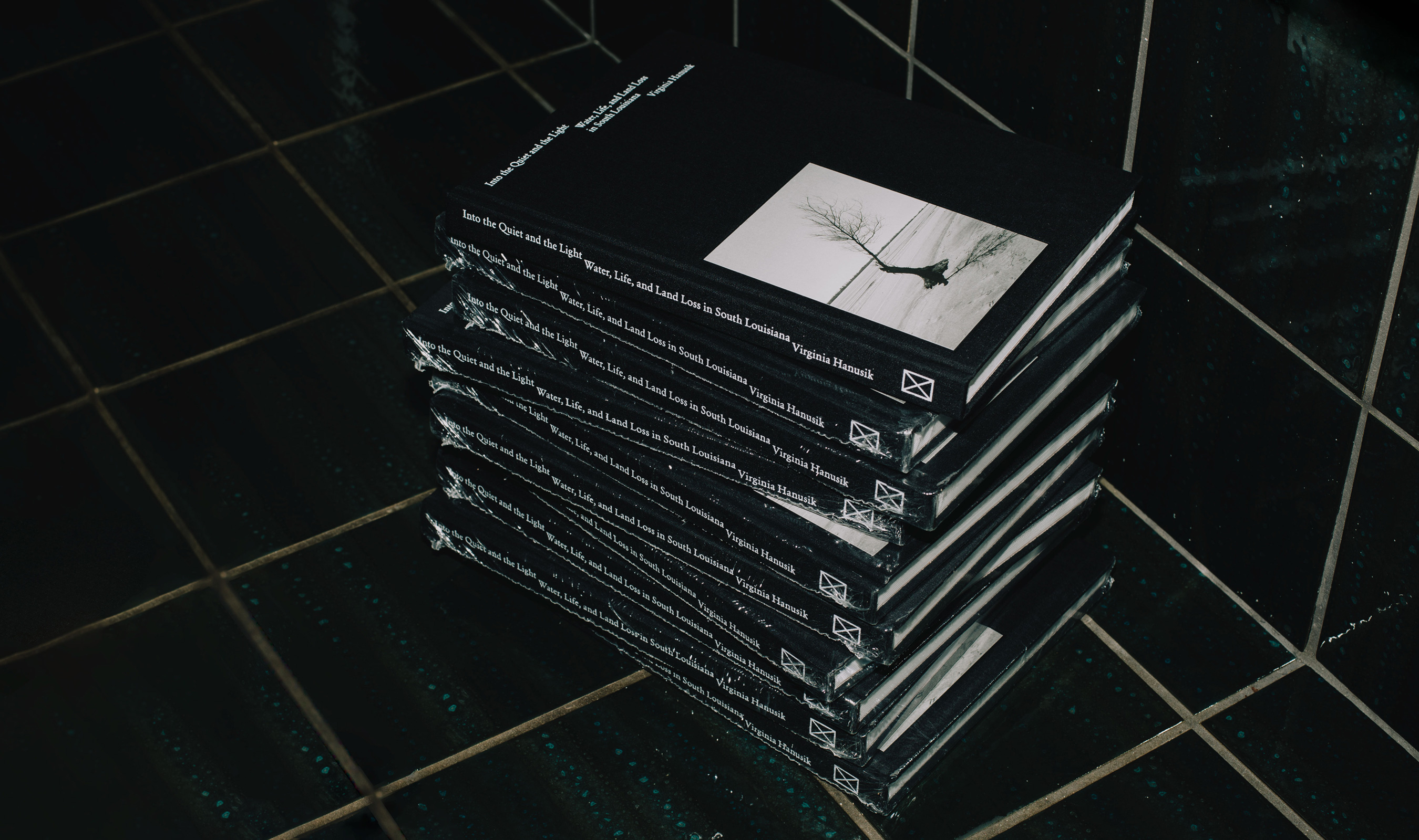 A photo of a stack of books with black and white covers with an inset black and white photo of a tree