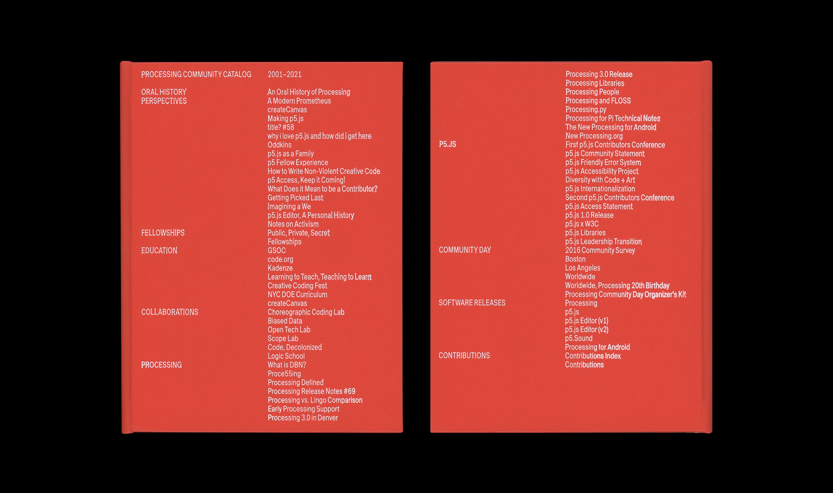 Scan of front and back covers of Processing Community Catalog. The cover is made of orange vinyl, and features small white foil stamped type listing the contents of the book.