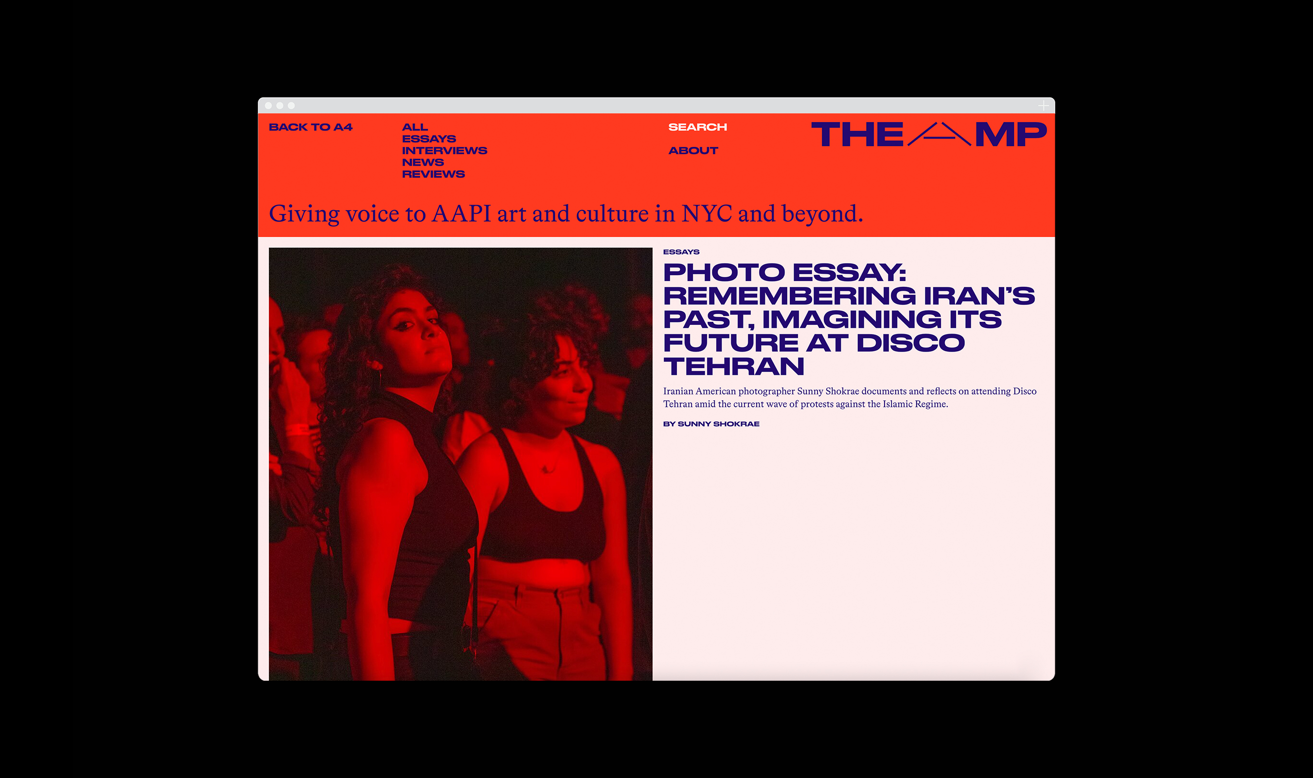 Image of web page for The Amp, the new magazine site for A4, featuring bold graphic in red color.